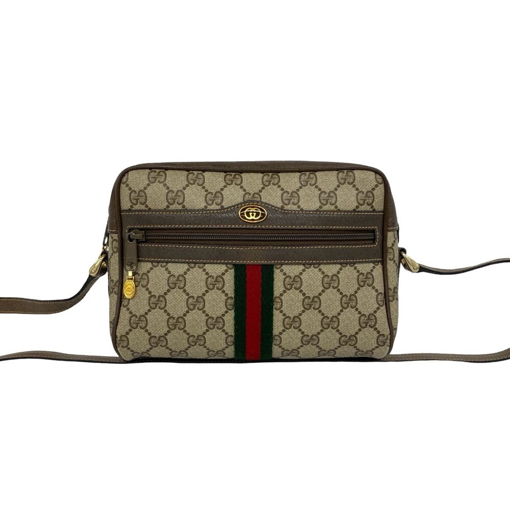 GUCCI Vintage Sherry Line GG Logo Hardware Leather Shoulder Bag with Pockets ...